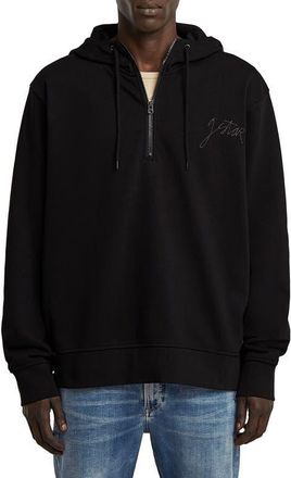 G-Star Script Logo Organic Cotton Blend Quarter Zip Hoodie in Dark Black at Nordstrom, Size Xx-Large