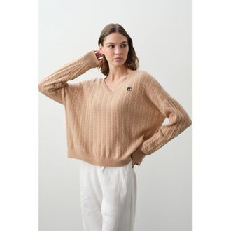 Naked Cashmere Elina Cashmere Cableknit V-Neck in Honey at Nordstrom, Size X-Small