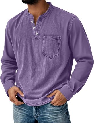 Generic Mens Shirts Henley Shirts for Men Water Washed Long Sleeve Rugby Polo Shirt Casual Distressed V Neck Pullover Sweatshirts Pocket Purple 5X-Large