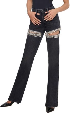 Good American Good Icon Crystal Embellished Cutout Straight Leg Jeans in Black376 at Nordstrom, Size 14