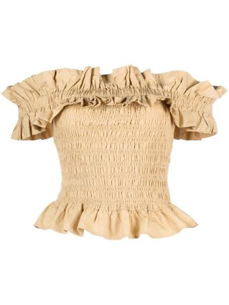 Ganni ruffled off-shoulder organic cotton top - women - Organic Cotton - 38 - Brown