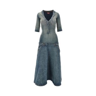 Diesel Denim and ribbed knit low-rise midi dress Woman M
