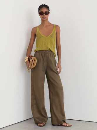 Reiss Khaki Green Petite Linen Ladder-embroidery Wide-leg Trousers, 14
