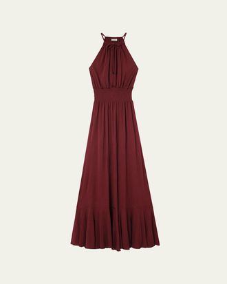 Burberry Leona Smocked Drawstring Halter Maxi Dress
