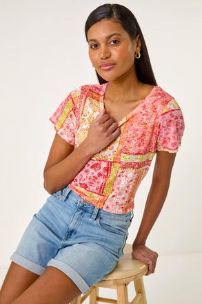 Roman Contrast Print Stretch Top