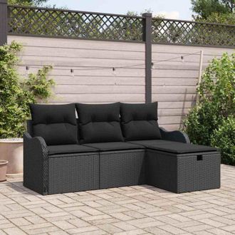vidaXL Conjunto De Sof&aacute; De Jard&iacute;n Manual 4 Pcs Negro Rat&aacute;n Sint&eacute;tico