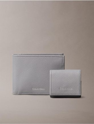 Calvin Klein Mens Refined Saffiano Leather Bifold Wallet + Airpods Case Gift Set - Grey