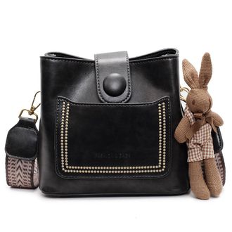 Generic ACUYE Womens Black Faux Leather Crossbody Bucket Handbag with Adjustable Guitar Strap, Multiple Pockets, 19cm x 17cm x 11cm