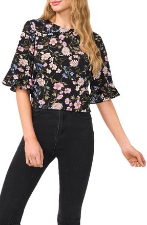 CeCe by Cynthia Steffe Floral Ruffle Cuff Top in Rich Black at Nordstrom, Size X-Small