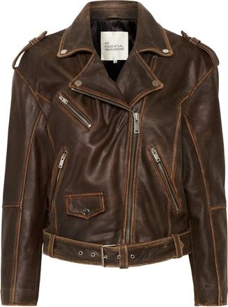 MY ESSENTIAL WARDROBE Bruine Retro Wash Leren Bikerjas - Dames - Leren en Su&egrave;de Jassen - Bruin - L - Leer - Jassen