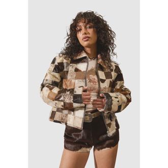NASTY GAL Patchwork Cow Hide Real Leather Jacket in Animal at Nordstrom, Size 10