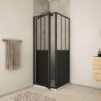 Aurlane Aurlane - Pack Mampara De Ducha Abatible Y Una Mampara Fija tipo Atelier - Negro Mate - 80x80x200 Cm