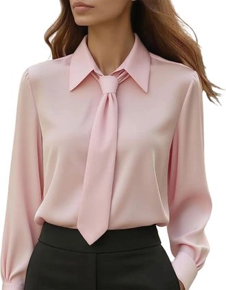 Generic Womens Elegant Satin Shirt Top Tie Neck Blouse Long Sleeve Collared Office Tops with Puff Sleeves Glossy Adjustable Necktie Shirt for Formal Work wear