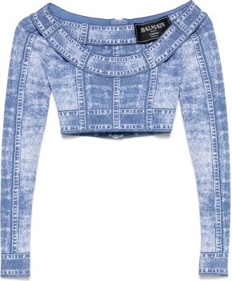 Balmain Top crop con stampa Trompe Loeil - Blu