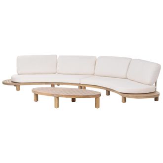 Beliani Sof&aacute; De 4 Plazas Exterior Ovalado Con Mesa De Centro Estructura De Madera De Acacia Tablero De Madera Blanco Crema Numana
