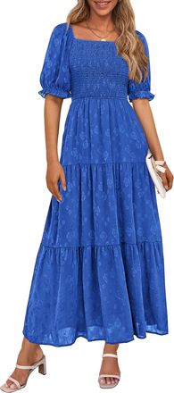 PrettyGarden Womens 2026 Summer Casual Midi Dresses Square Neck Short Sleeve Smocked A Line Floral Flowy Elegant Boho Dress, Royal Blue, XL