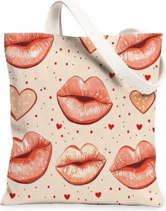 Generic Valentines Day Lips Canvas Tote Bags, Cute Heart Print Reusable Grocery Bags, Lightweight Washable Shoulder Strap Canvas for Shopping, Travel, Beach 1