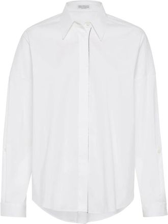 Brunello Cucinelli Stretch Cotton Poplin Shirt - Dames - Overhemden - Wit - M - Katoen - Overhemden