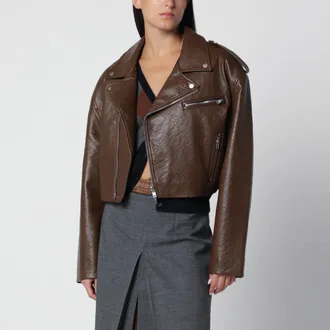 Frankie Shop Giacca biker cropped marrone in ecopelle