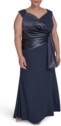 Eliza J Mixed Media Drape Detail Gown in Navy at Nordstrom, Size 16W