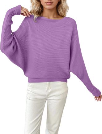 Generic Batwing Sleeve Jumpers for Women Boat Neck Off Shoulder Dolman Knitted Sweaters Ladies Pullovers Tops
