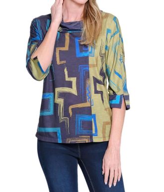 Multiples Print Slub Knit Turtleneck Top In Navy Mix