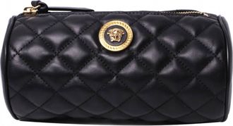 Versace Womens Leather Medusa Quilted Cosmetic Pouch Bag In Black