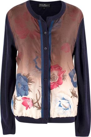 Ferragamo Navy Contrast Sleeves Floral Cardigan Size M