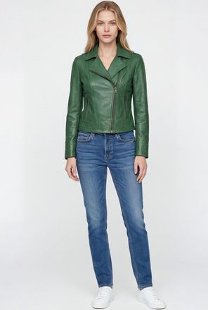 Elle Womens Armin Leather Biker Jacket in Forest Green - Size 14 UK