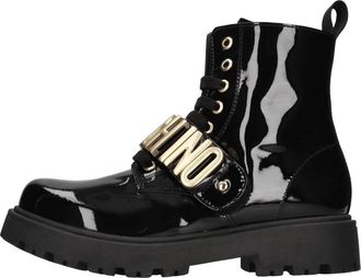 Moschino Schoenen, Dames, Zwart, 36 EU, Leer, Lederen enkellaarsjes met lakafwerking