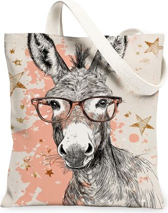 Generic Donkey Canvas Tote Bags, Cute Animal Design Reusable Grocery Bags, Summer Lightweight Washable Shoulder Strap Canvas for Tr, Beige, 13x15 Inch