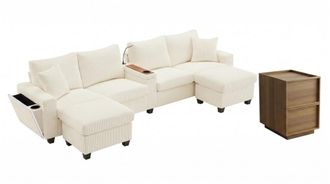 Urban Meuble Sof&aacute; beige de pana y mesa auxiliar de madera con cajones
