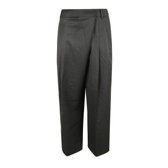 Ganni Wide Trousers, female, Black, Size: 2XS Calendered Wool Mid Waist Pants