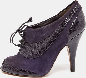 Moschino Purple Suede And Textured Leather Lace Up Peep Toe Ankle Booties
