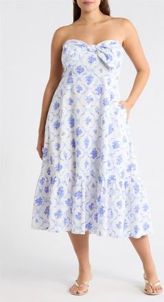 Sugarlips Nia Floral Perline Bow Midi Sundress in White-Blue at Nordstrom, Size 1 X