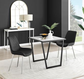 Furniturebox Carson White Marble Effect Square Dining Table & 2 Velvet Pesaro Silver Leg Chairs in Black