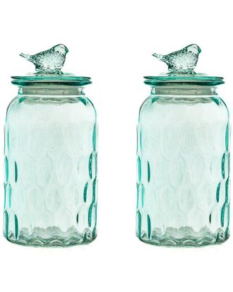 10 Strawberry Street Set of 2 Textured Glass Bird Canisters, Dimpled Round