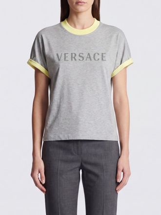 Versace T-shirt in cotone grigio con logo stampato e profili a contrasto