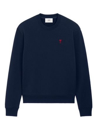 Ami Navy Blue Cotton Jersey Sweater With Monogram Motif