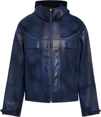 Berluti Blue Venezia Leather Hooded leather jacket Size M