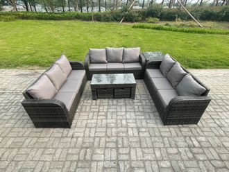 Fimous 11 Seater Outdoor Lounge Sofa Set Rattan Garden Furniture Set with Rectangular Coffee Table Side Table 2 Small Footstools 3 Seater Sofa
