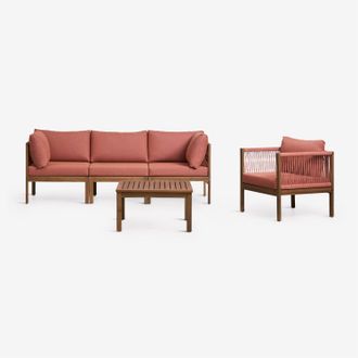 Sklum Conjunto De Sal&oacute;n Con Sof&aacute; Modular De 3 Piezas Con Reposabrazos, Sill&oacute;n Y Mesa De Centro En Madera De Acacia Branson Sklum