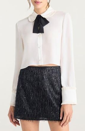 Cinq &agrave; Sept Zaida Contrast Bow Crop Button-Up Shirt in Ivory/Black at Nordstrom Rack, Size Medium