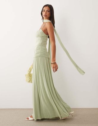 Asos Vestito lungo in rete verde salvia con bustino arricciato e foulard