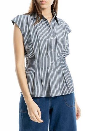 Max Studio Pin Tuck Pleat Button Front Shirt in Indigo/Ivory Stripe at Nordstrom Rack, Size X-Large