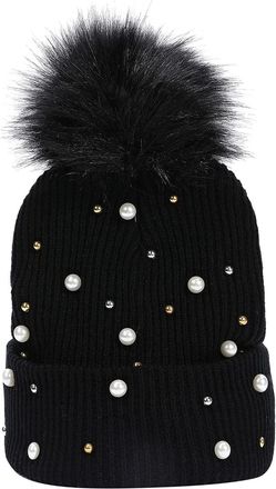 Generic Ladies Hats Ribbed Pearls Knitted Bobble Pom Lightweight Durable Stylish Stretchy Winter Soft Warm Cozy Caps Comfortable Women Cold Weather Fashionabl