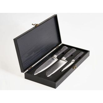 Beliani Set di 3 coltelli durezza 62 HRC acciaio inossidabile damasco marrone scuro Kashiwa