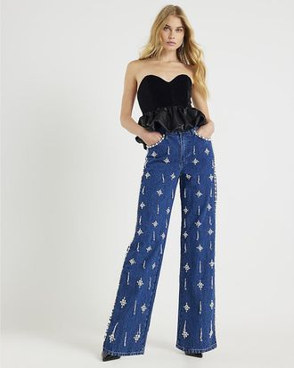 River Island Womens Straight Leg Jeans Blue Embellished Relaxed Denim Cotton - Size 12 Regular