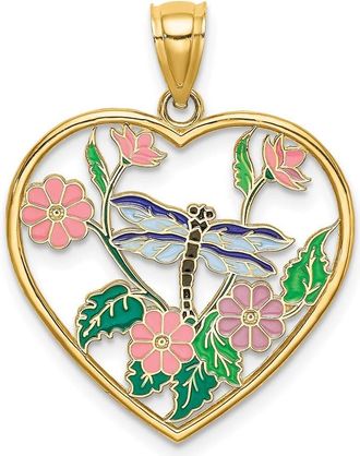 Diamond2Deal 14k Yellow Gold Enamel Dragonfly and Flower in Heart Charm Pendant