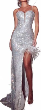 Portia & Scarlett Scarlett Mesh Fitted Gown In Silver
